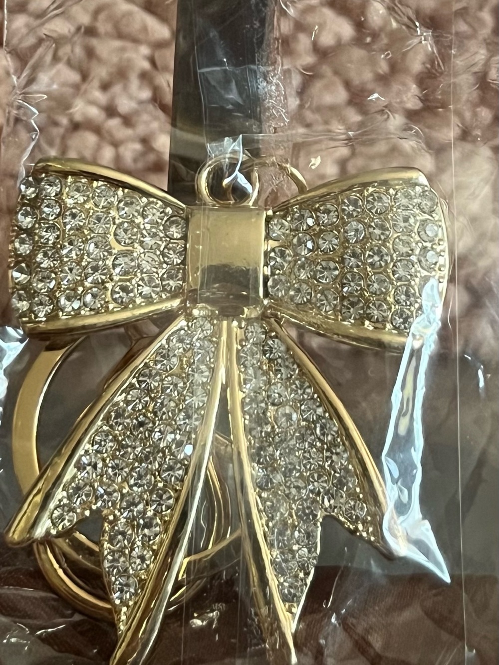Crystal Bow Keychain - Gold Rhinestone Accent